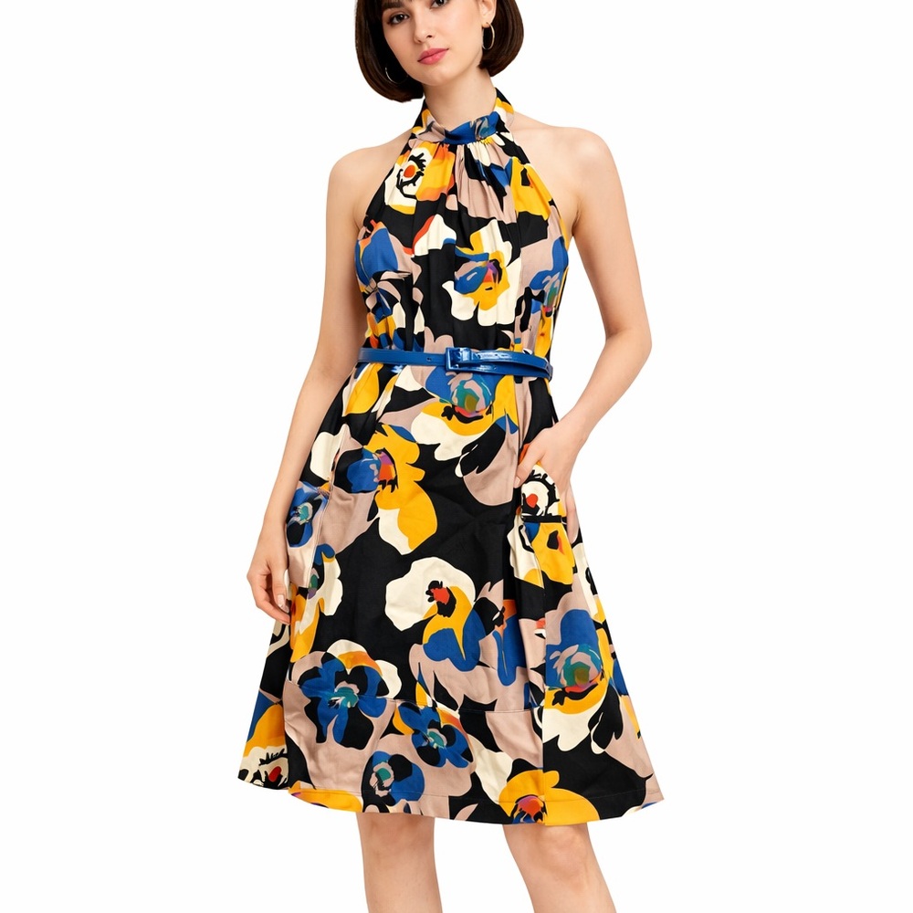 Jessica Simpson women’s midi dress | halter retro dress w/ pockets & belt Sz 6